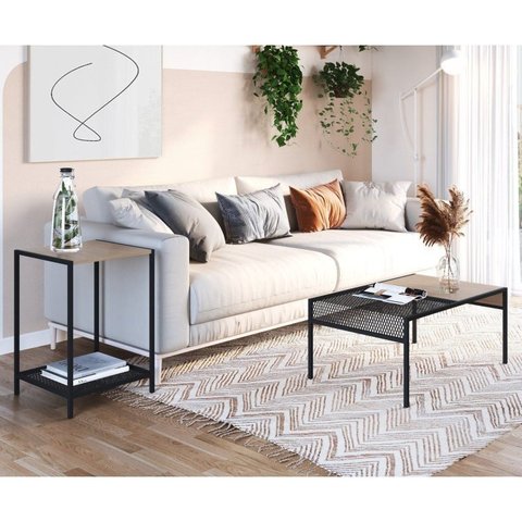 Conjunto Mesa de Centro e Mesa Lateral Sala de Estar York Industrial Marrom