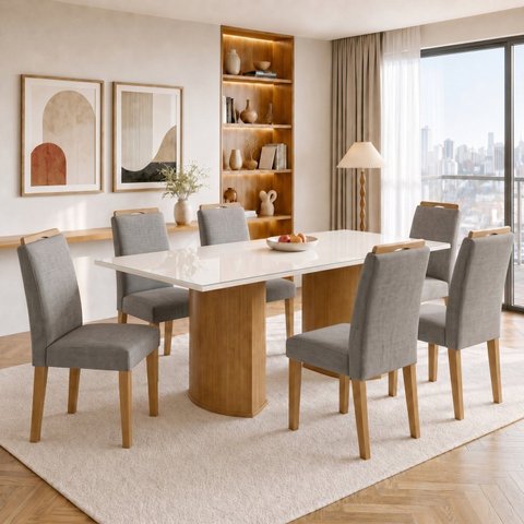 Conjunto de Mesa de Jantar 6 Lugares Isla e Lyra em MDF Cinamomo Off White e Cinza