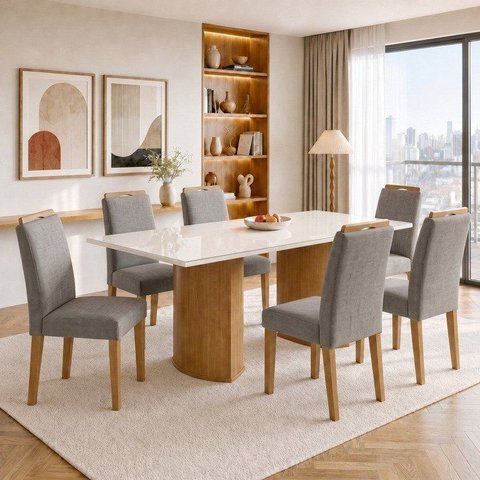 Conjunto de Mesa de Jantar 6 Lugares Isla e Lyra Tampo Vidro/MDF Cinamomo Off White e Cinza