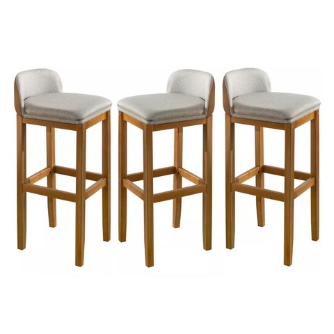 Conjunto 3 Banquetas Altas com Encosto Apoio para o Pés em Madeira Quadrada para Area Lazer Gourmet