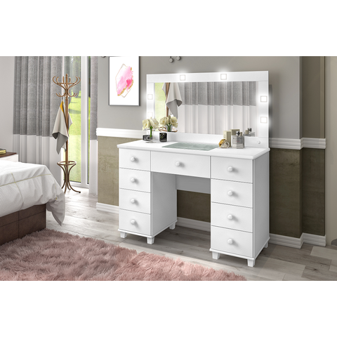 Penteadeira Lx Pequena Star 116cm 9 Gavetas Branco Gaveta Central com Organizador de Maquiagem