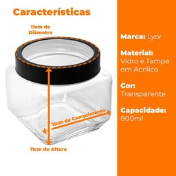 Pote de Vidro com Tampa Visor em Acrílico Gastro Preto 800mL - Lyor - 5