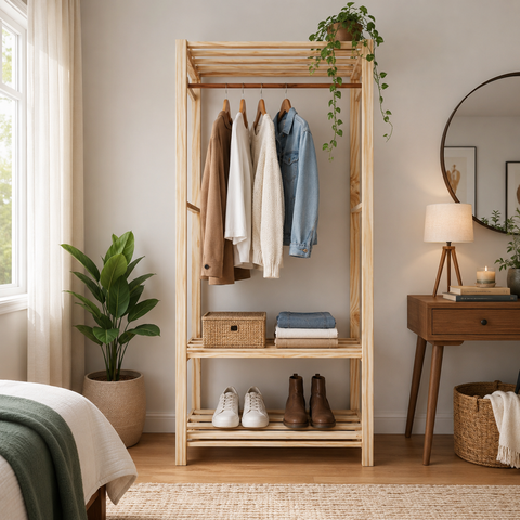 Arara de Madeira Design Estante c/ 3 Prateleiras Organizador