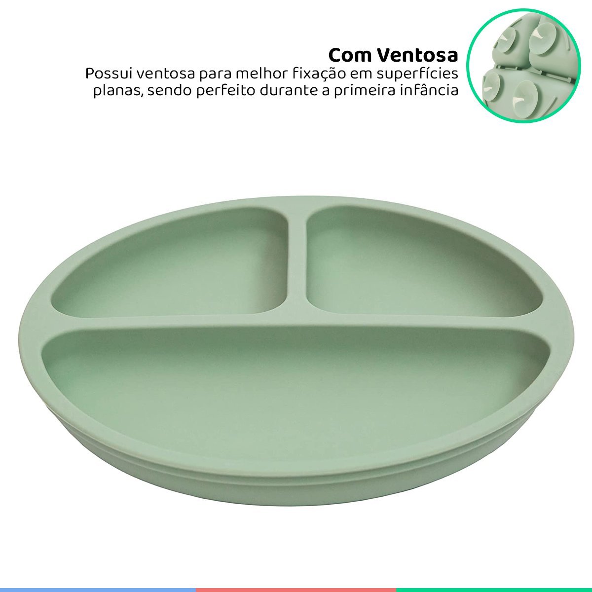 Prato de Silicone Bebe Alimentação Infantil +6 Meses c/ Ventosas 3 Divisórias Verde Buba Prato - Pra - 2