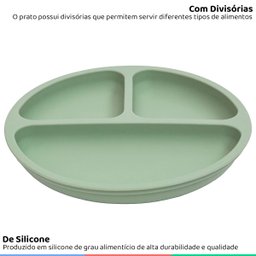 Prato de Silicone Bebe Alimentação Infantil +6 Meses c/ Ventosas 3 Divisórias Verde Buba Prato - Pra - 3