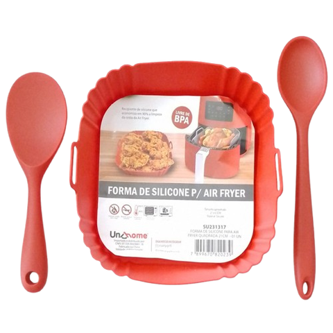 Kit 3 Peças Forro para Air Fryer Quadrada 21cm ,colher de 22,5 Cm e Colher de 27cm em Silicone Verme