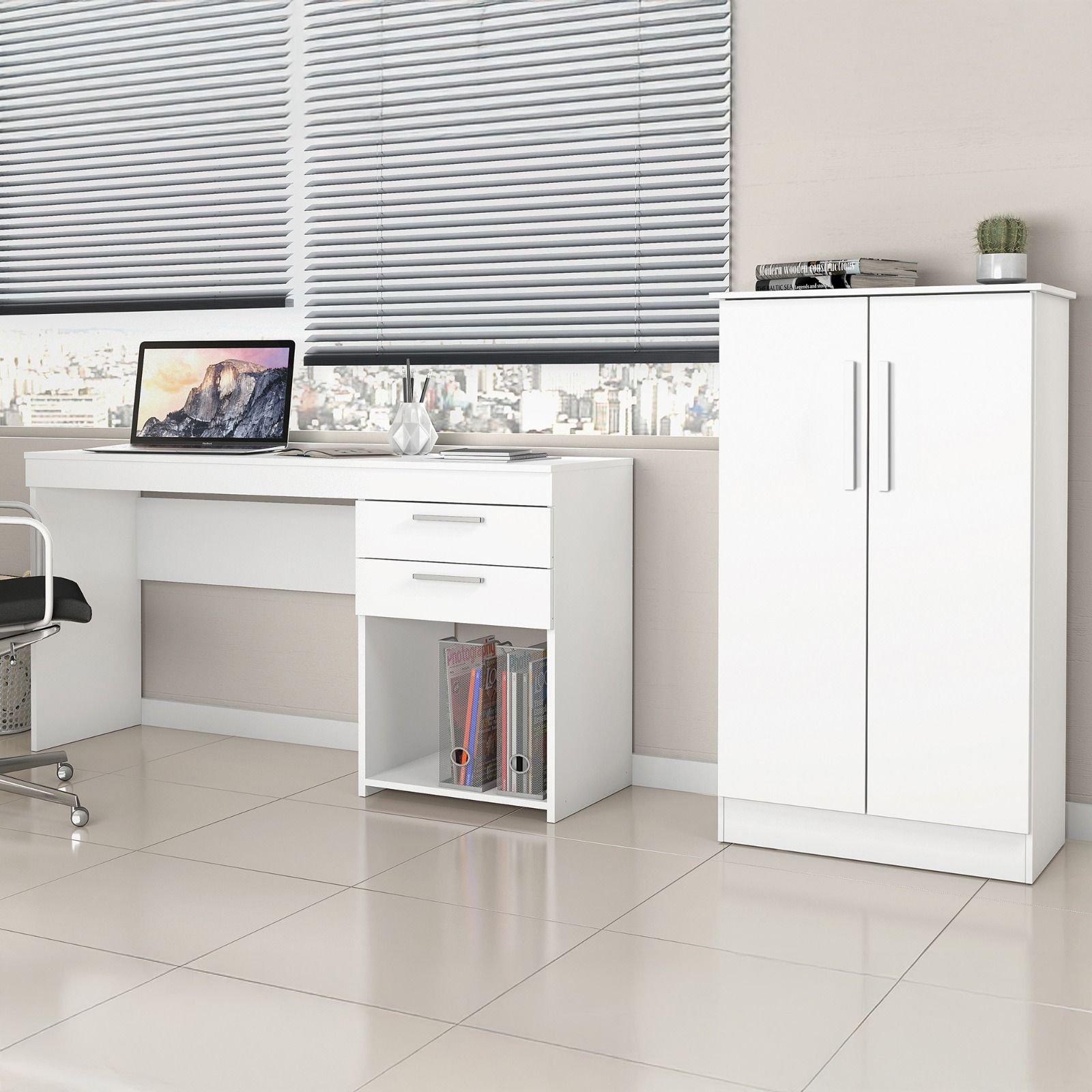 Conjunto 2 Peças para Escritório com Escrivaninha 120cm e Armário Multiuso Espresso Móveis Branco Menor preço em Conjunto 2 Peças para Escritório com Escrivaninha 120cm e Armário Multiuso Espresso Móveis Branco
