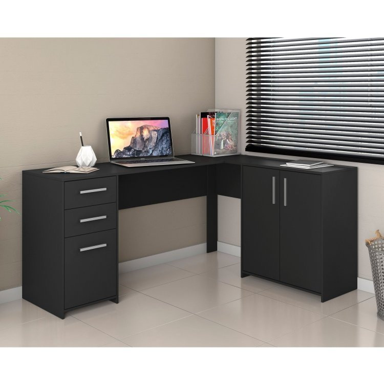 Kit 2 Peças com Mesa para Escritório em L  e Armário Multiuso Alto Aberto Espresso Móveis - 6