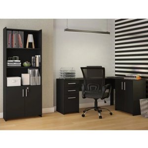 Kit 2 Peças com Mesa para Escritório em L  e Armário Multiuso Alto Aberto Espresso Móveis