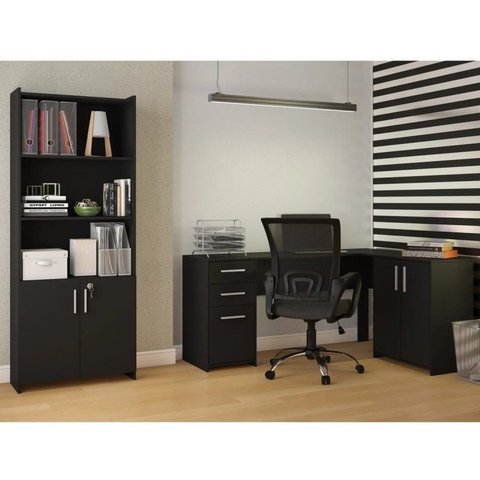 Conjunto 2 Peças com Mesa para Escritório em L e Armário Multiuso Alto Aberto Espresso Móveis Preto Tx