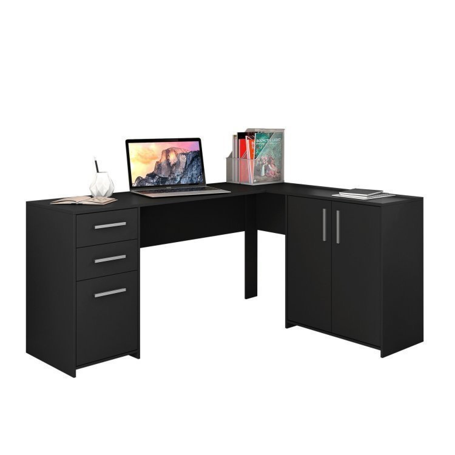 Kit 2 Peças com Mesa para Escritório em L  e Armário Multiuso Alto Aberto Espresso Móveis - 7