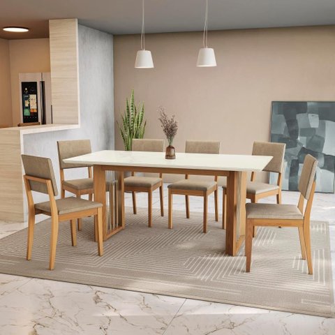 Conjunto Sala de Jantar Dora em Madeira Maciça 6 Cadeiras Linho Fendi