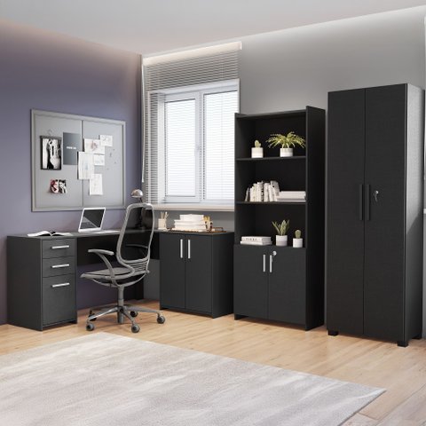 Conjunto 3 Peças com Mesa para Escritório em L, Armário Multiuso Alto Aberto e Fechado Preto Tx