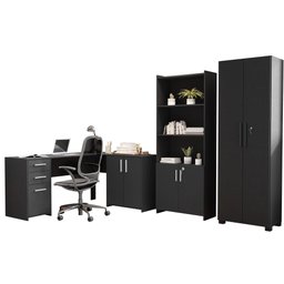 Conjunto 3 Peças com Mesa para Escritório em L, Armário Multiuso Alto Aberto e Fechado Preto Tx - 2