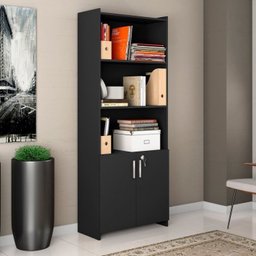 Conjunto 3 Peças com Mesa para Escritório em L, Armário Multiuso Alto Aberto e Fechado Preto Tx - 15