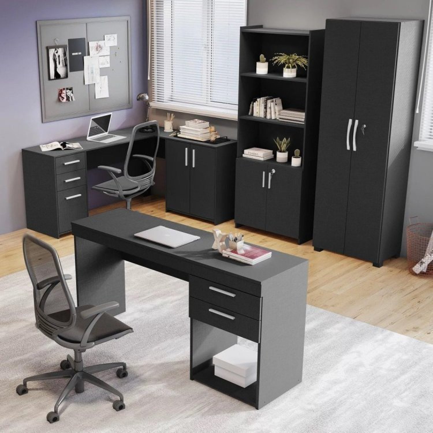 Conjunto Home Office 4 Peças 1 Mesa em L 1 Escrivaninha 2 Armários Espresso Móveis - 1
