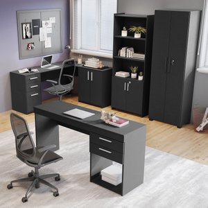Kit 4 Peças com Mesa para Escritório em L 1, Escrivaninha, Armário Multiuso Aberto e Armário Fechado