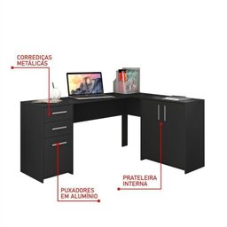 Kit 4 Peças com Mesa para Escritório em L 1, Escrivaninha, Armário Multiuso Aberto e Armário Fechado - 6