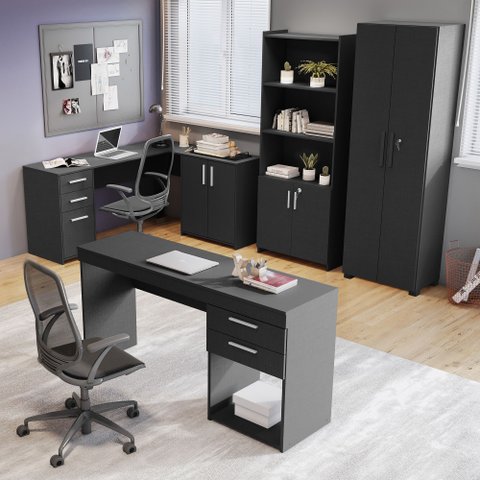 Conjunto 4 Peças com Mesa para Escritório em L 1, Escrivaninha, Armário Multiuso Aberto e Fechado Preto Tx