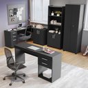 Ver imagem 1 de Conjunto 4 Peças com Mesa para Escritório em L 1, Escrivaninha, Armário Multiuso Aberto e Fechado Preto Tx