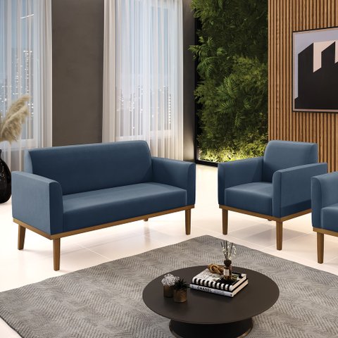 Conjunto Poltrona e Namoradeira Decorativa Isabella Pés Fixo em Madeira Castanho Suede Azul Marinho 