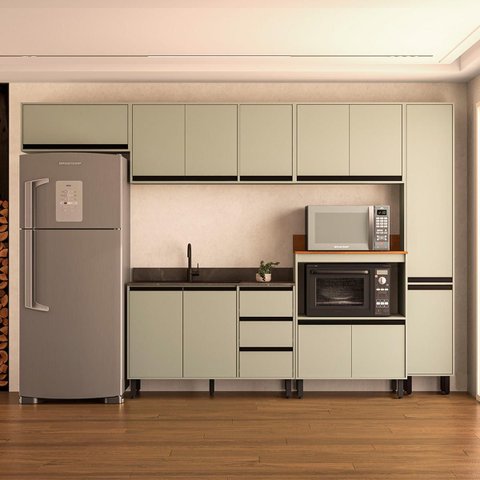 Cozinha Koya 6 Peças 316,8x214cm Armários Aéreos Paneleiro Balcões c/ 3 Gavetas Verde 250032
