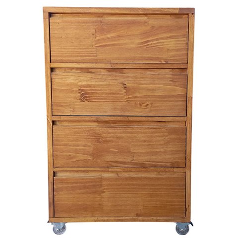 Gaveteiro de Madeira Pinus com Puxadores Cava 4 Gavetas 4 Rodízios Cor Castanheira