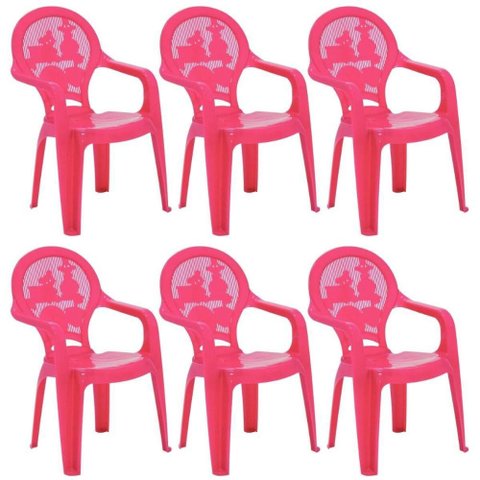 Jogo 6 Cadeiras Plásticas Infantil Rosa Estampado Tramontina Catty Escola Creche Sentar