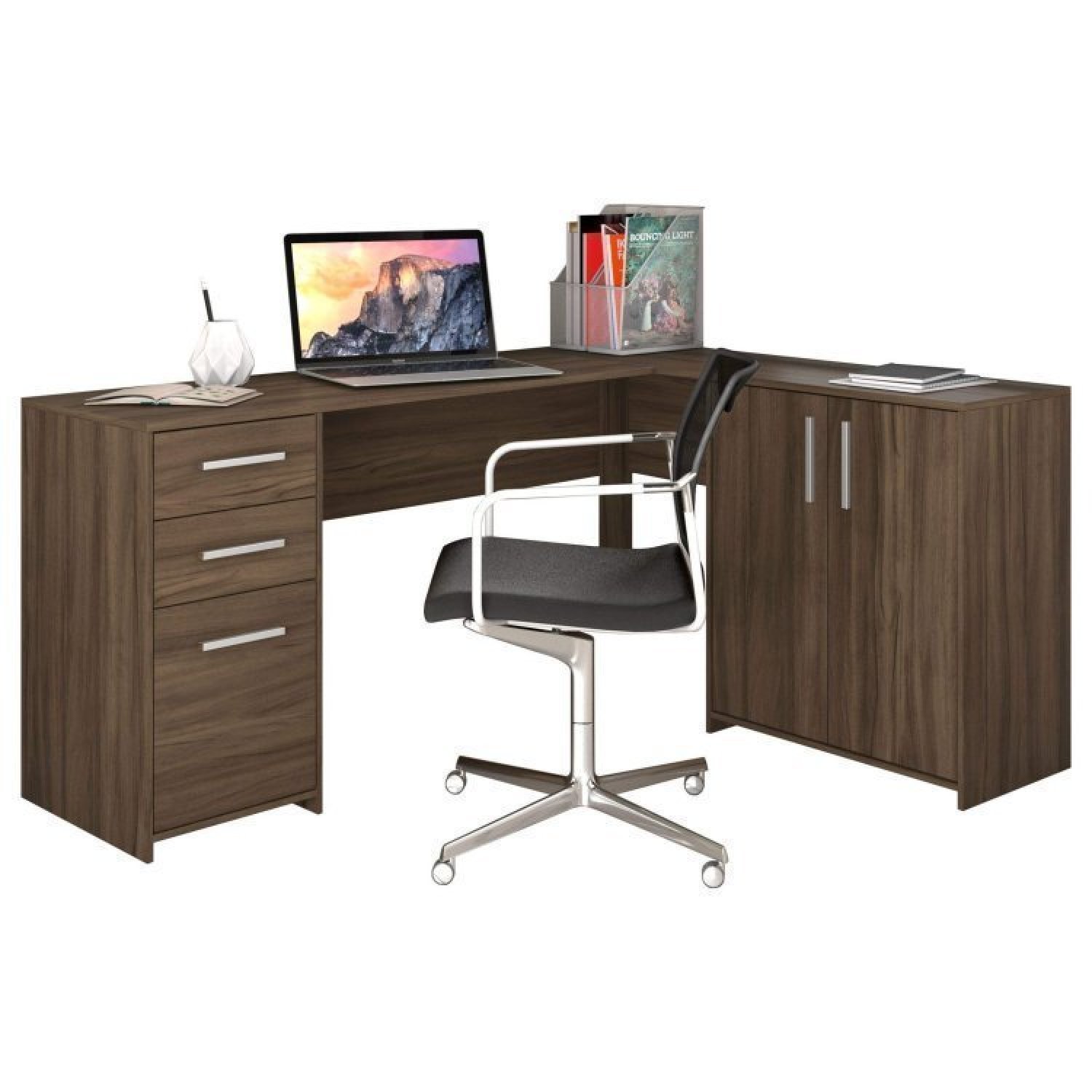 Kit 2 Peças com Mesa para Escritório em L  e Armário Multiuso Alto Aberto Espresso Móveis - 7