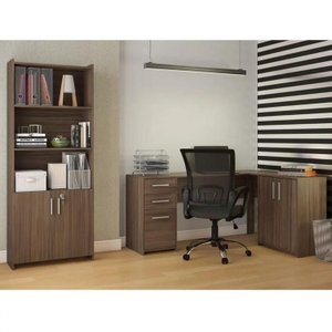 Kit 2 Peças com Mesa para Escritório em L  e Armário Multiuso Alto Aberto Espresso Móveis