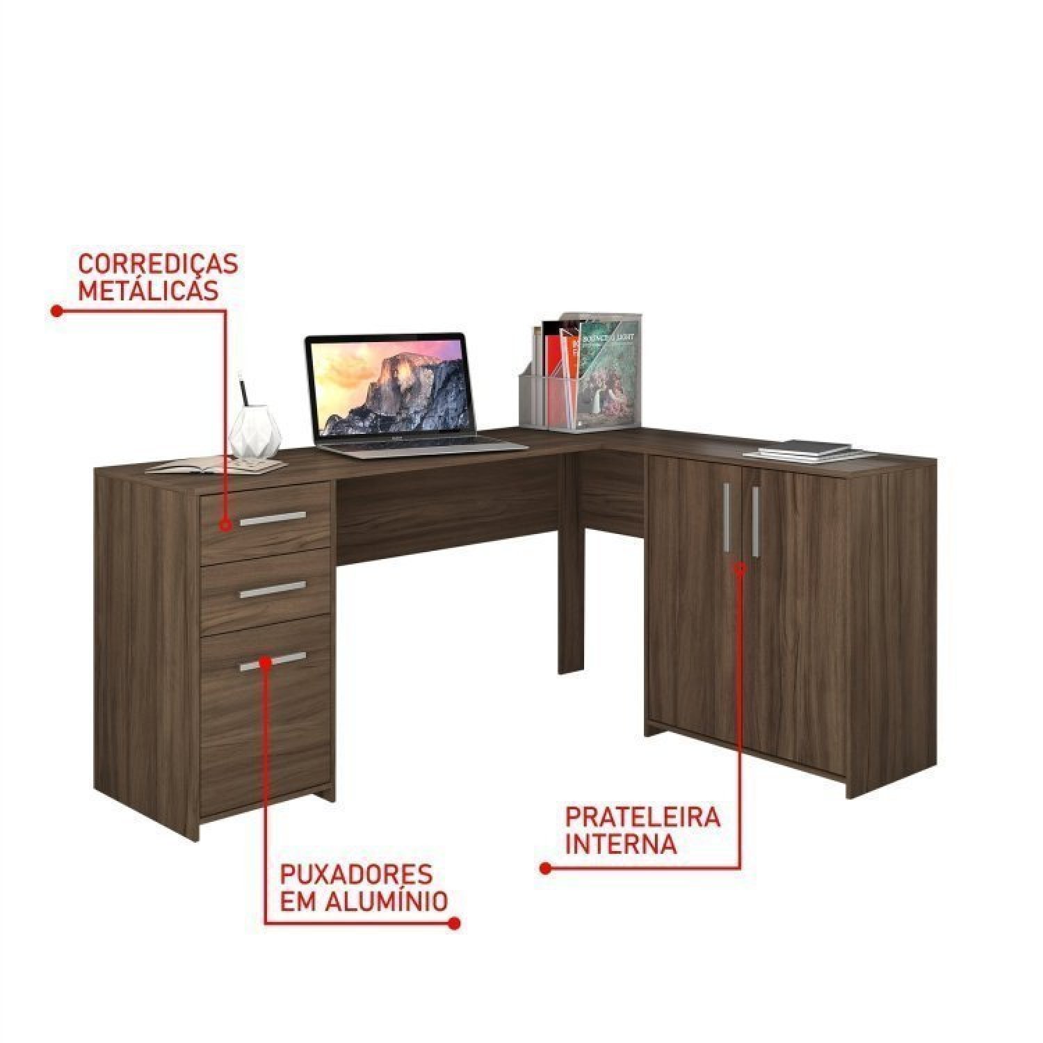 Kit 2 Peças com Mesa para Escritório em L  e Armário Multiuso Alto Aberto Espresso Móveis - 5