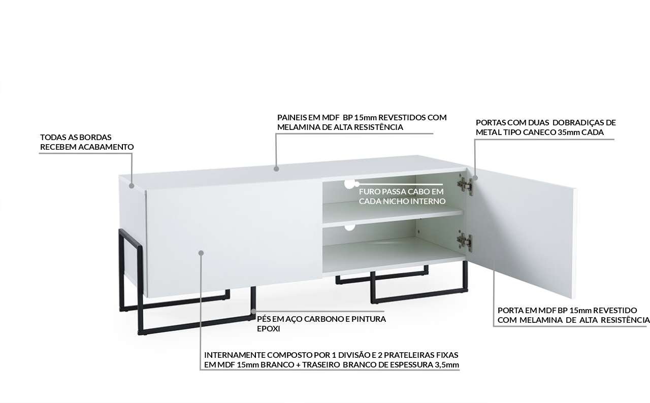 RACK PARA TV BRANCO ESTILO INDUSTRIAL PÉS DE METAL E 2 PORTAS BRANCAS CROSBY 123X43,6X48,5 CM - 3