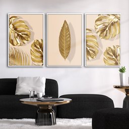 Quadro Premium Textura CXAlta Folhas Ouro em Bege3 3un 40x60 - Moldura Branca - 4