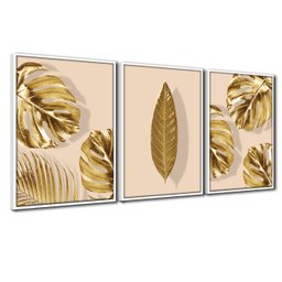 Quadro Premium Textura CXAlta Folhas Ouro em Bege3 3un 40x60 - Moldura Branca - 1