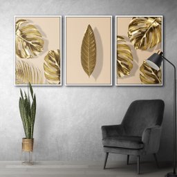 Quadro Premium Textura CXAlta Folhas Ouro em Bege3 3un 40x60 - Moldura Branca - 3