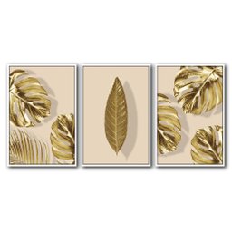 Quadro Premium Textura CXAlta Folhas Ouro em Bege3 3un 40x60 - Moldura Branca - 2