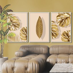 Quadro Premium Textura CXAlta Folhas Ouro em Bege3 3un 40x60 - Moldura Branca - 5