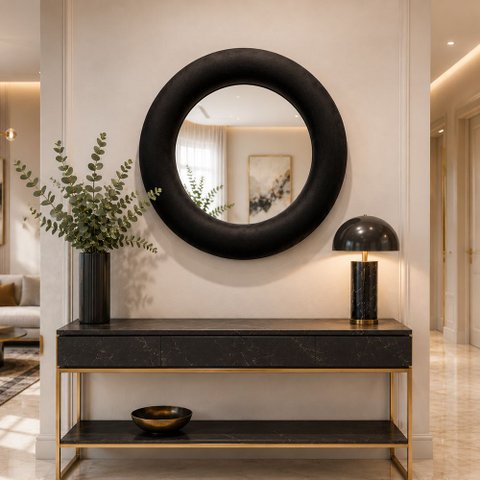 Espelho Decorativo Madrid Veludo 90cm Redondo Preto