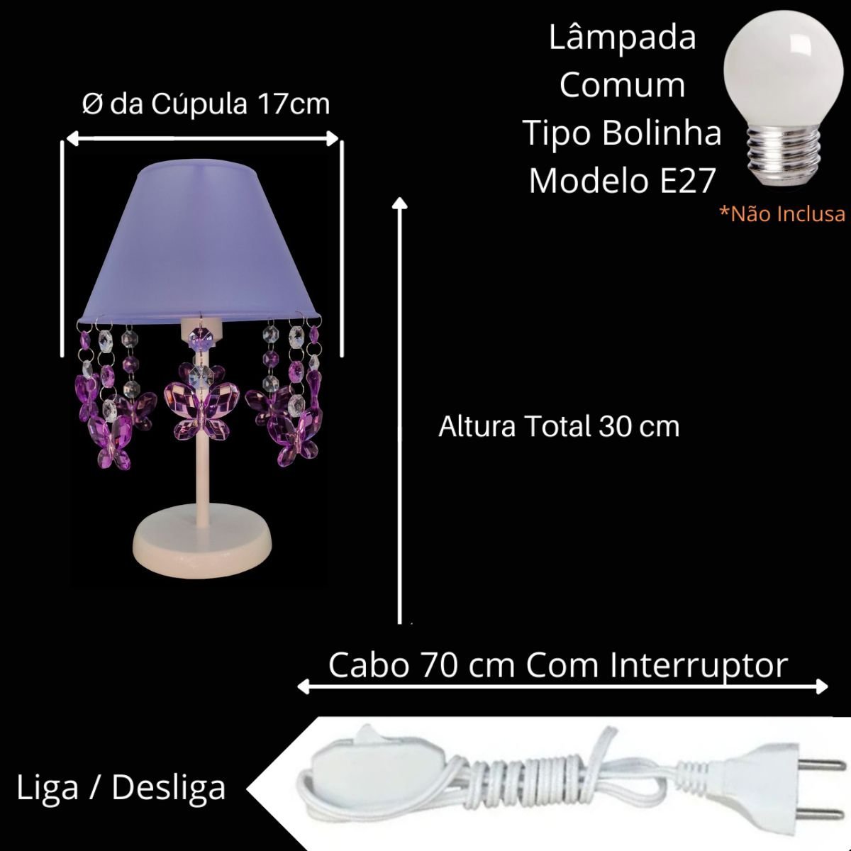 Quartinho de Bebê Simples Lustre e Abajur Infantil Quarto Menina Iluminar Borboleta Violeta - 3