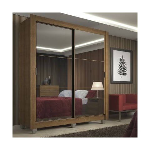 Guarda-Roupa Solteiro Madesa Denver 2 Portas de Correr de Espelho com Pés Rustic Cor:Rustic