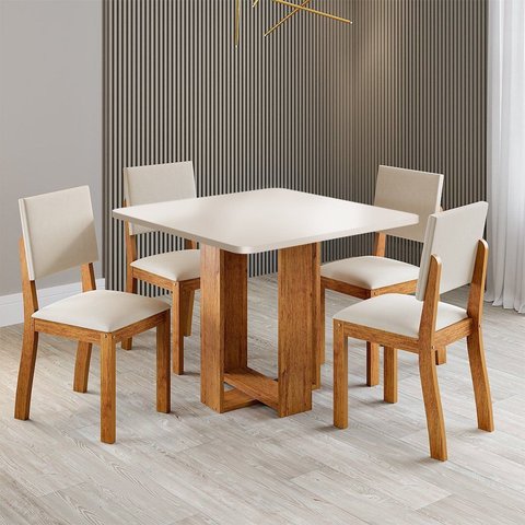 Conjunto Sala de Jantar 4 Lugares Quadrada Tampo de MDF Estela