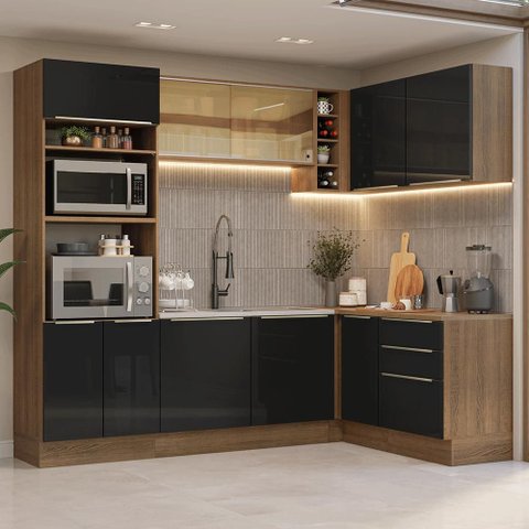 Armário de Cozinha Completa de Canto 399 Cm Rustic/preto Lux Madesa 01