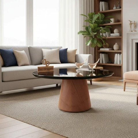 Mesa de Centro com Vidro 70cm e Base Cone Envernizada Redondo MDF Madeira 70cm Preto