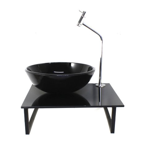 Gabinete de Vidro com Cuba Redonda Tampo 40cm Preto Full Mais Torneira Metal