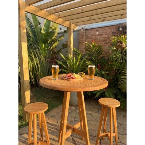 Conjunto Bistrô Mesa Alta Redonda 80cm e 2 Banquetas Madeira Maciça Área Externa – Arveni