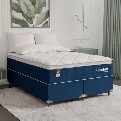 Cama Box Casal Bipartido + Colchão Comfort Class Pillow Top Azul/suede Azul