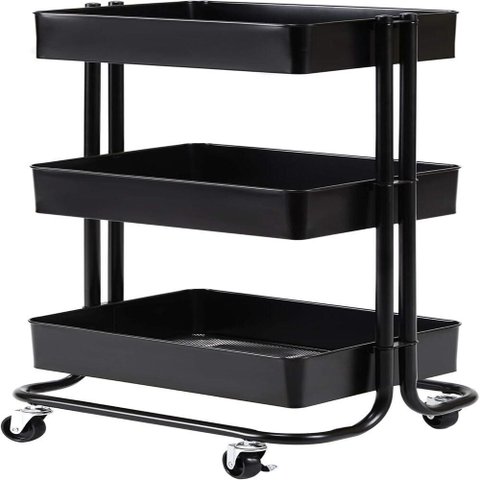 Carrinho Multiuso Organizadora 3 Prateleiras em Aço Preta Quarto Sala Brinquedos Salao Manicure Vara