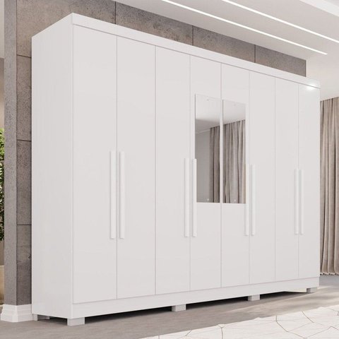 Guarda-Roupa Casal com Espelho 8 Portas 4 Gavetas com Pés França Espresso Móveis Branco