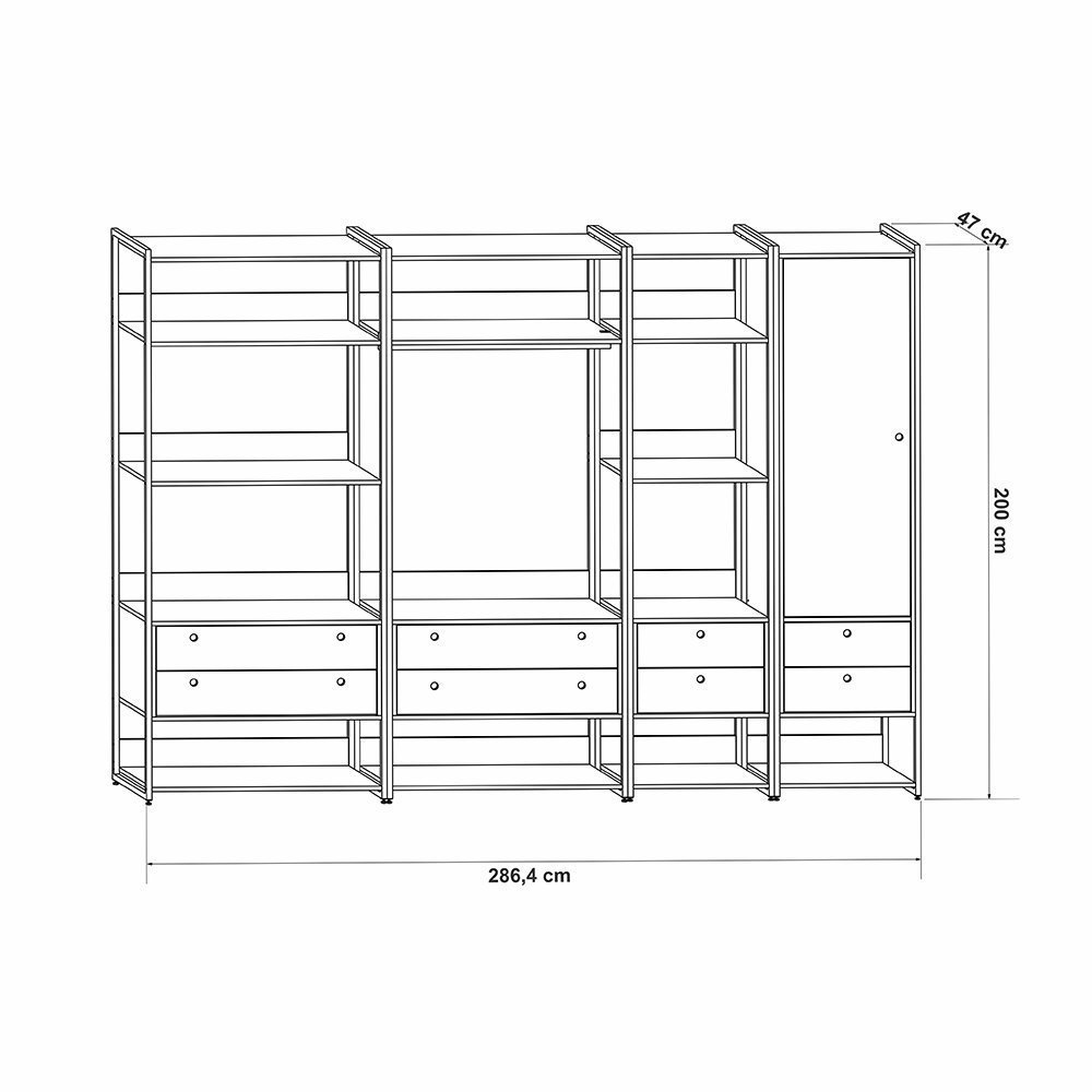 Conjunto Guarda-roupa Closet Industrial Completo Olivar 1 Porta 8 Gavetas 286cm - Preto - 6