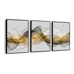 Kit 3 Quadros Decorativos Dourado Efeito Ondas Luxo Sala